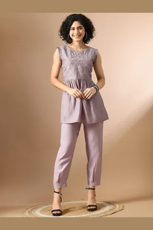 Sangria Mauve Floral Embroidered Top With Trousers