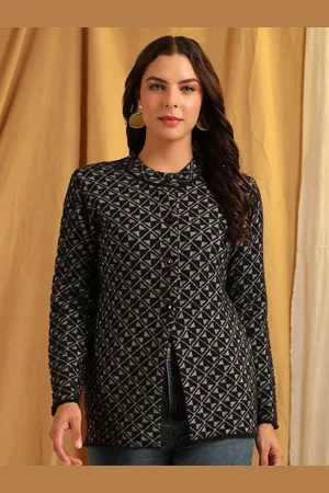 Cayman Women Self Design Geometric Henley Neck Woollen Longline Cardigan Sweater