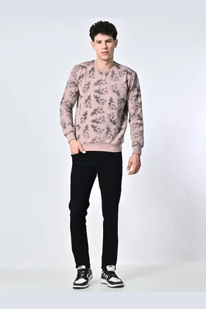 BAESD Men Floral Printed Round Neck Fleece Pullover Ribbed Sweatshirt