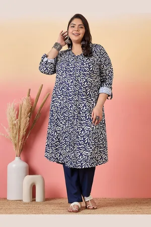 Sztori Plus Size Floral Printed Shirt Collar Roll-Up Sleeves Crepe Pathani Kurta