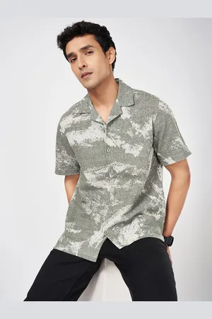 PEOPLE Men Cuban Collar Abstract Printed Cotton Relaxed Fit Casual Shirt