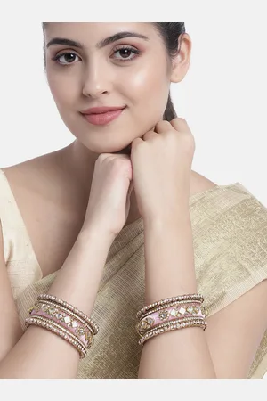 Peora Set Of 10 Pink Gold-Plated Stone Studded Silk Thread Bangles