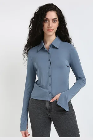 Calvin Klein Women Cutaway Collar Solid Casual Shirt
