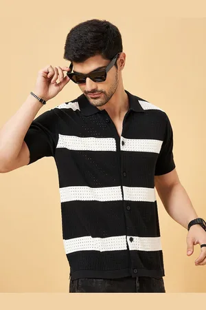 PEOPLE Men Band Collar Horizontal Striped Cotton Slim Fit Casual Shirt