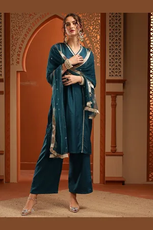 Bani Women Floral Embroidered Gotta Patti Straight Kurta With Palazzos & Dupatta