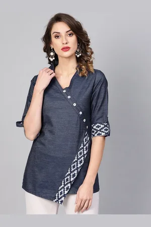 Yash Gallery Print Roll-Up Sleeves Cotton Denim Top