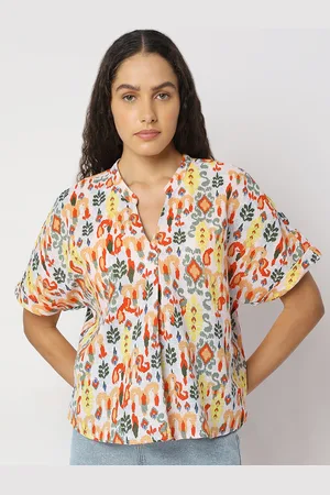 VERO MODA Women Ethnic Motifs Printed Mandarin Collar Cotton Top