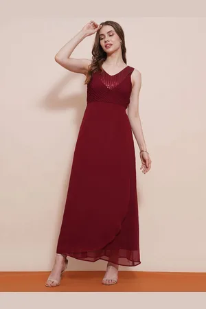 Globus Women Maroon V-Neck Sequined Pintuck Fit & Flare Maxi Party Dress