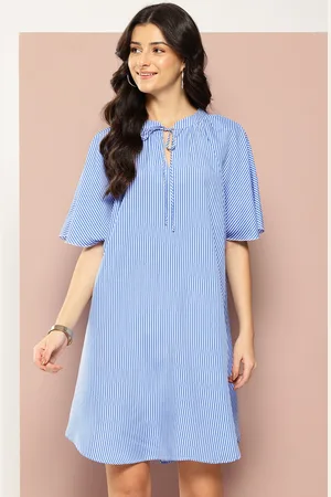 QURVII Striped Tie-Up Neck Flared Sleeve Crepe Shift Dress