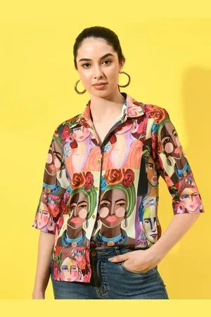 CHARMGAL Women Classic Spread Collar Graphic Printed Oversized Casual Shirt