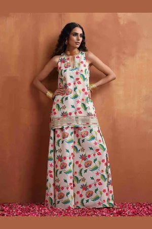 trueBrowns Floral Printed Gotta Patti Kurti with Sharara