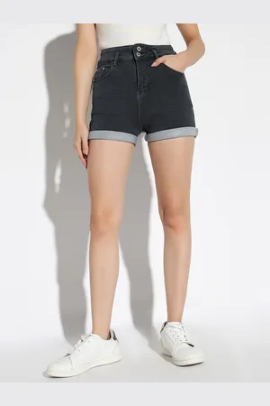 SHOWOFF Women Solid Grey Slim Fit Denim Denim Shorts