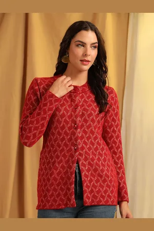 Cayman Women Self Design Henley Neck Geometric Printed Woollen Cardigan Sweater