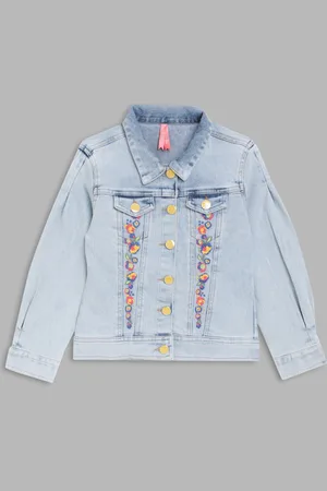 Blue Giraffe Girls Cotton Washed Embroidered Crop Denim Jacket with Patchwork