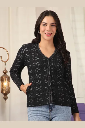 Cayman Women Self Design V-Neck Geometric Print Cable Knit Woollen Cardigan Sweater