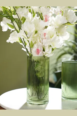 Pure Home and Living Green Glass Ribbed Flower Vases