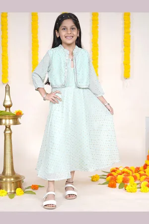 KiddoPanti Girls Floral Printed Gotta Patti Anarkali Kurta With Attached Jacket