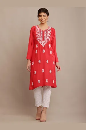 FAWOMENT Floral Embroidered Notch Neck A Line Work Kurta