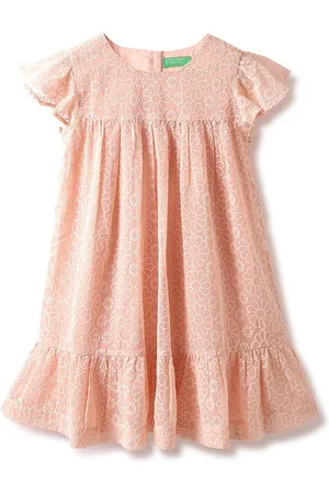 Benetton Girls Cap Sleeves Floral Self Design A-Line Dress