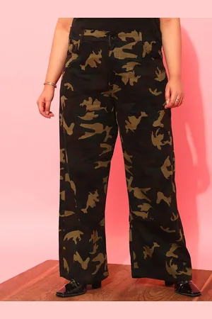 CURVY STREET Women Plus Size Olive Green Printed Relaxed Straight Leg Pure Cotton Trousers