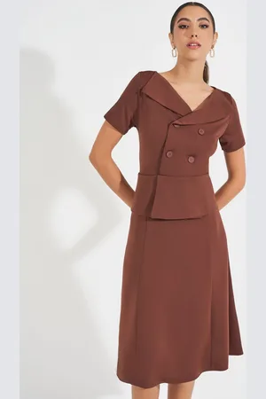 Styli V-Neck Women Knitted Weave Peplum Style Blazer Midi Dress
