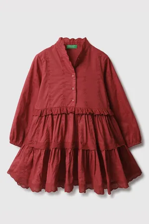 Benetton Girls Embroidered Cotton Fit & Flare Midi Dress