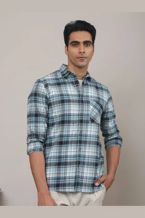 SUBTRACT Men Spread Collar Tartan Checked Cotton Casual Shirt