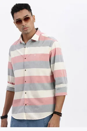 SHOWOFF Men Premium Spread Collar Horizontal Striped Cotton Slim Fit Casual Shirt