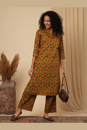 Globus Floral Printed Mandarin Collar Pure Cotton Straight Kurta with Trousers