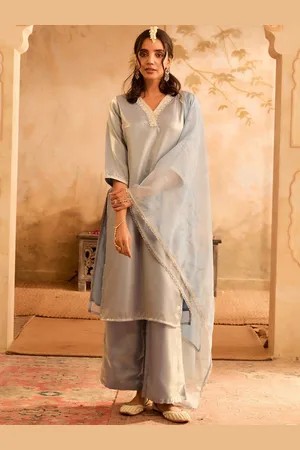 Bani Women Floral Thread Work Pure Silk Straight Kurta with Palazzos & Dupatta