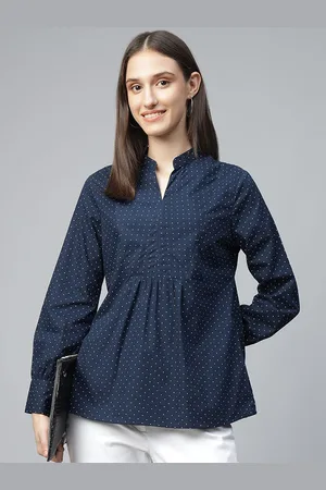 HANCOCK Women Polka Dots Printed Mandarin Collar Pure Cotton Formal Top