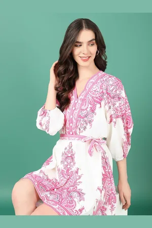 SHOWOFF Ethnic Motifs Print Puff Sleeve Chiffon Fit & Flare Mini Dress