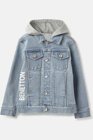 Benetton Boys Hooded Washed Self Design Cotton Casual Denim Jacket