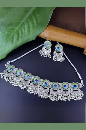 I Jewels Silver-Plated Stone-Studded Choker Necklace and Earrings