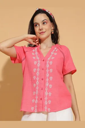 Oxolloxo Women Ethnic Motifs Printed Mandarin Collar Cotton Top
