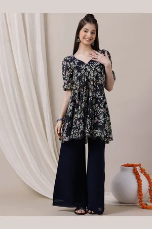 Inddus Girls Navy Blue Floral Printed V-Neck Empire Georgette A-Line Kurta with Palazzo