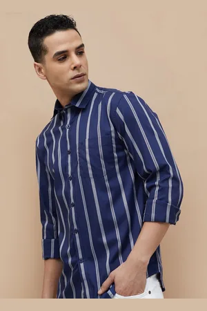 Lifestyle Men Cutaway Collar Vertical Striped Cotton Casual Shirt