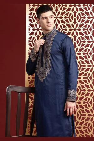 MANQ Floral Embroidered Sequinned Pure Cotton Kurta with Churidar