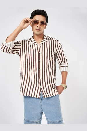 PEOPLE Men Cuban Collar Vertical Striped Cotton Boxy Casual Shirt