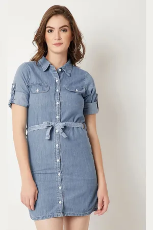 BAESD Women Round Neck Roll Up Sleeve Buttoned Mini Belted Collared Denim Shirt Dress