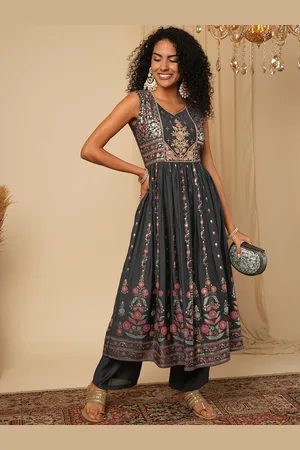 Globus Floral Embroidered Thread Work Pure Silk Anarkali Kurta with Trousers