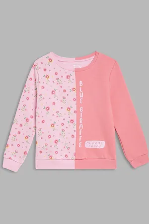 Blue Giraffe Girls Floral Printed Round Neck Cotton Pullover Ribbed Sweatshirt