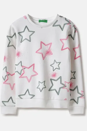 Benetton Girls Conversational Printed Cotton Pullover Ribbed Sweatshirt