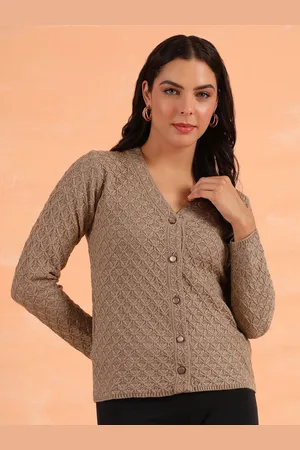 Cayman Women Self Design Cable Knit V-Neck Woollen Cardigan Sweater