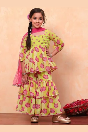 Biba Girls Floral Printed Round Neck Anarkali Kurta with Sharara & Dupatta