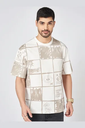 PEOPLE Men Checked Round Neck Cotton Boxy T-shirt