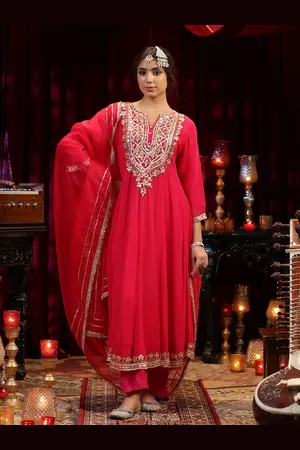 SCAKHI Floral Yoke Design Embroidered Gotta Patti Anarkali Kurta with Trousers & Dupatta