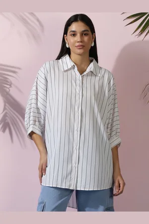 KOTTY Women Comfort Spread Collar Vertical Striped Cotton Oversized Casual Shirt