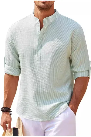 Stylecast Men Band Collar Vertical Striped Cotton Casual Shirt