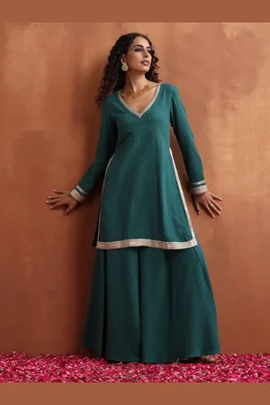 trueBrowns V-Neck Pure Cotton Straight Kurta With Sharara
